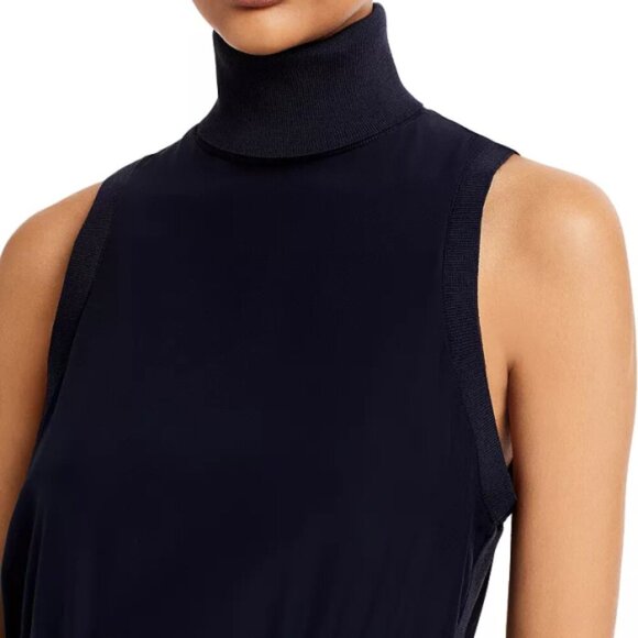 CINQ À SEPT 'Lonny' Sleeveless Silk Tie-Waist Turtleneck Mini-Dress, Navy Blue - Picture 3 of 6